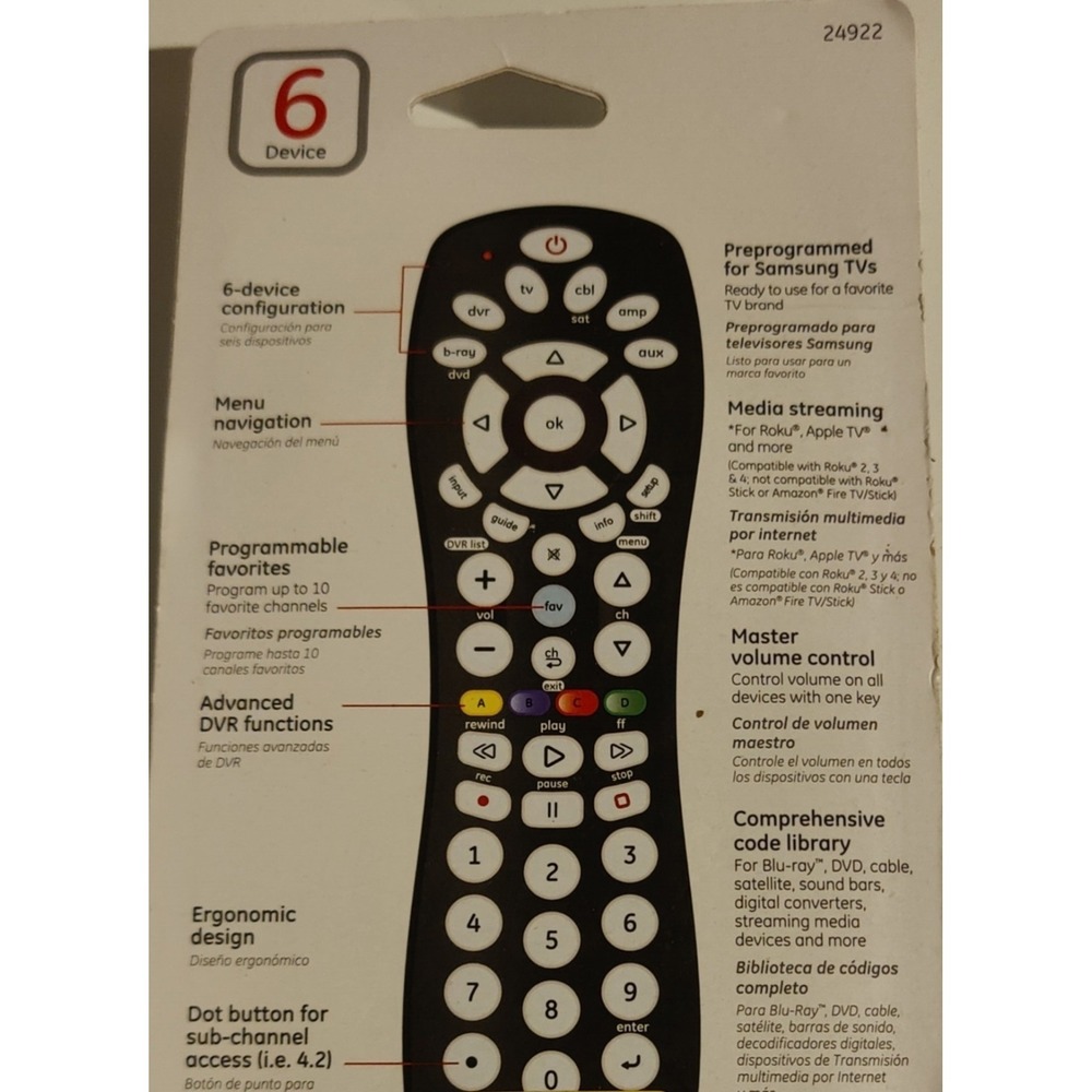GE 6 Device Universal Remote Works With All Major Brands Sound Bars Streaming - Picture 5 of 7
